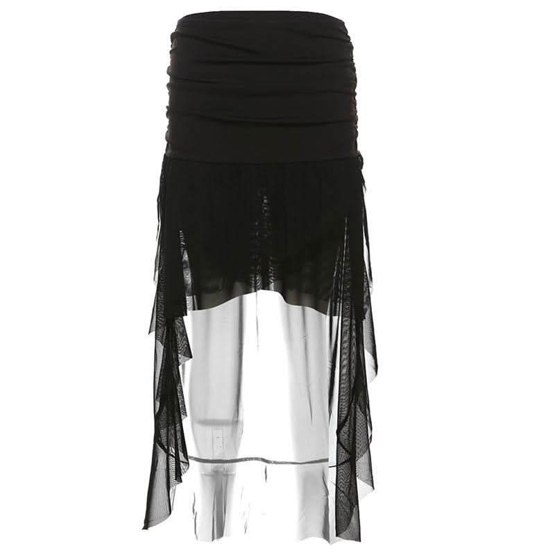 Dramatic Gothic High-Low Mesh Skirt - Fall Edgy Ruffle Maxi for Halloween
