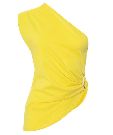 Radiant Yellow One-Shoulder Statement Top - Chic Ruched Buckle Accent for Fall Evenings