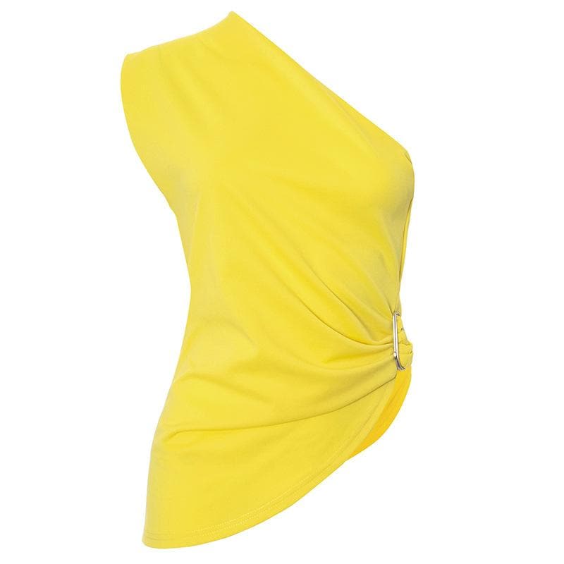 Radiant Yellow One-Shoulder Statement Top - Chic Ruched Buckle Accent for Fall Evenings