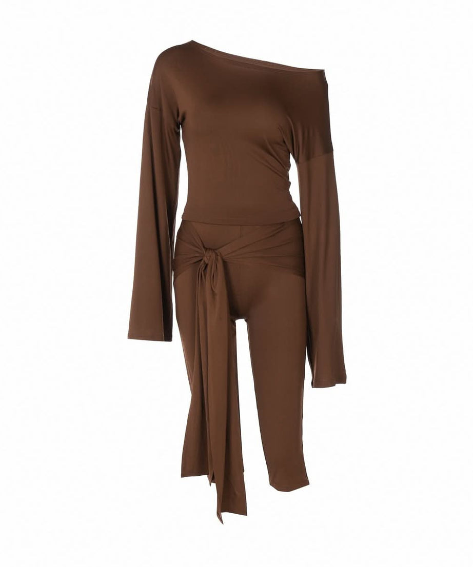 Fall Chic: Off-Shoulder Tie-Waist Luxe Brown Matching Set for Women