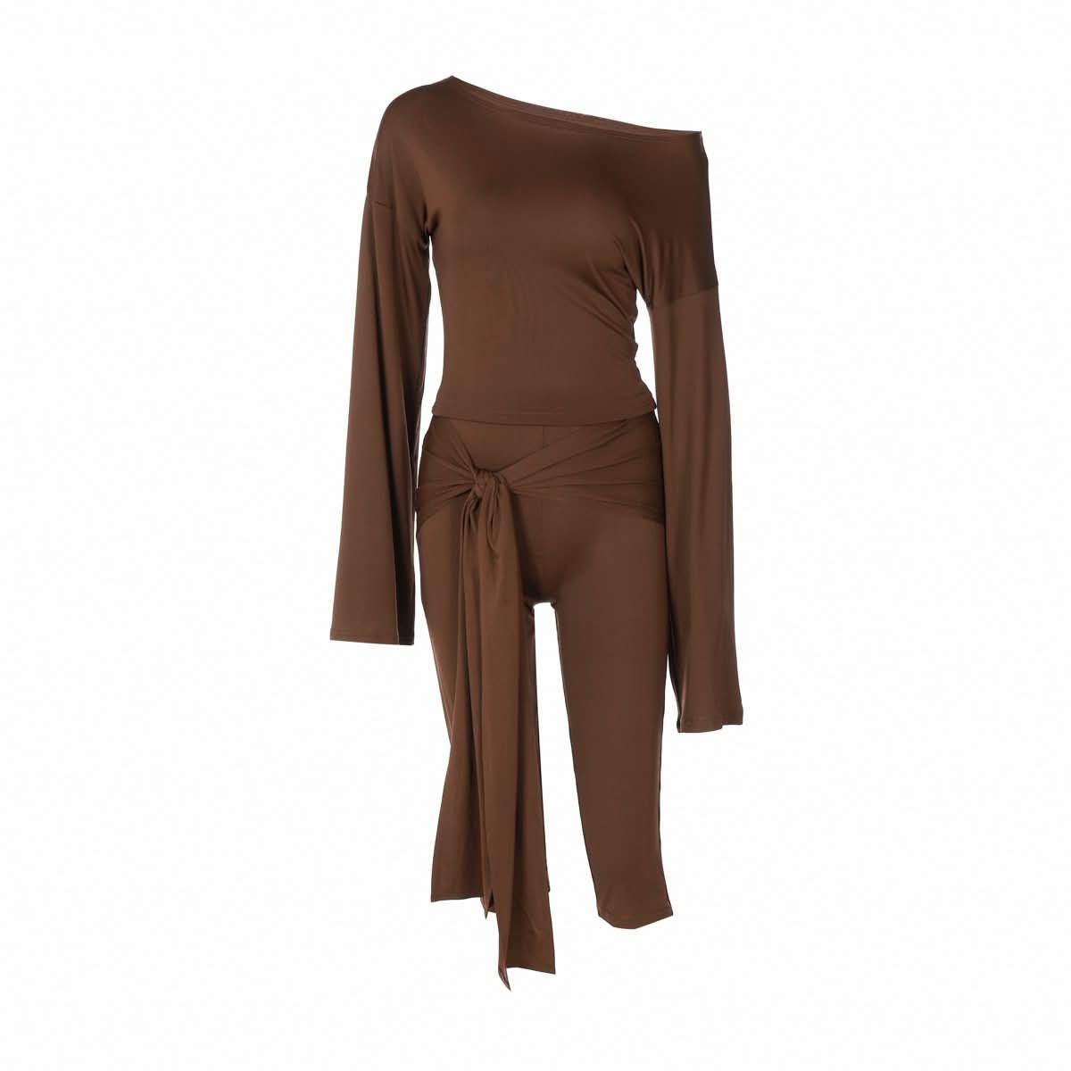 Fall Chic: Off-Shoulder Tie-Waist Luxe Brown Matching Set for Women