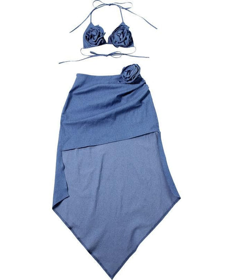 Dusty Blue Floral Halter Top & Asymmetric Midi Skirt Set - Your Chic Vacation & Resort Getaway Essential