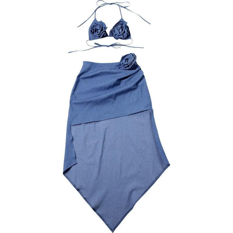 Dusty Blue Floral Halter Top & Asymmetric Midi Skirt Set - Your Chic Vacation & Resort Getaway Essential