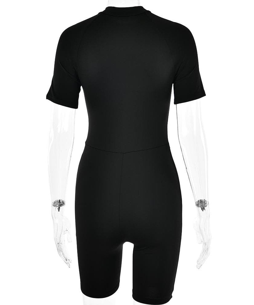 Sleek & Sculpted: High-Neck Zip-Up Contour Romper – Your Essential Fall & Halloween Statement