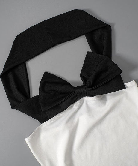 Elegant White Off-Shoulder Mini Dress with Statement Black Bow - Fall Party & Date Night Ready