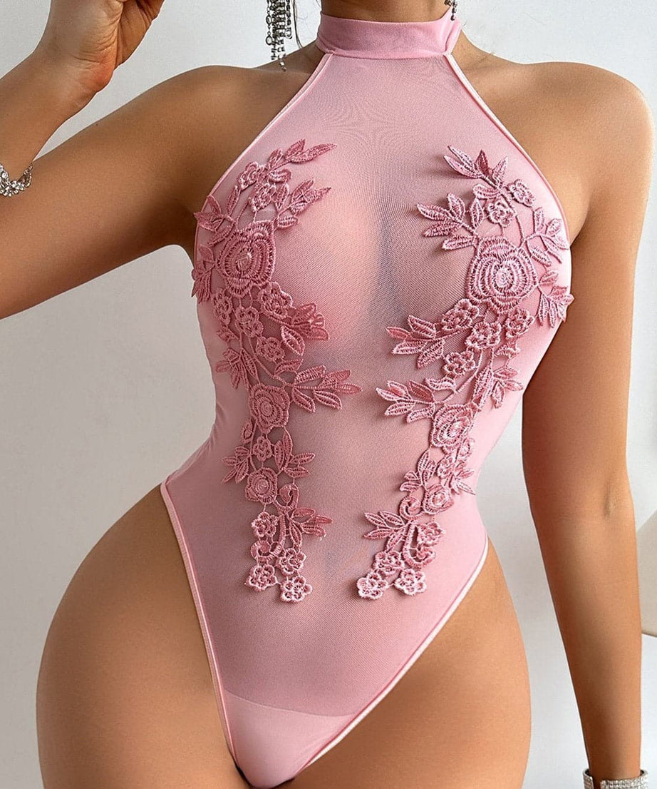 Alluring Black Floral Embroidered Halter Bodysuit - Perfect for Fall Nights & Holiday Glam