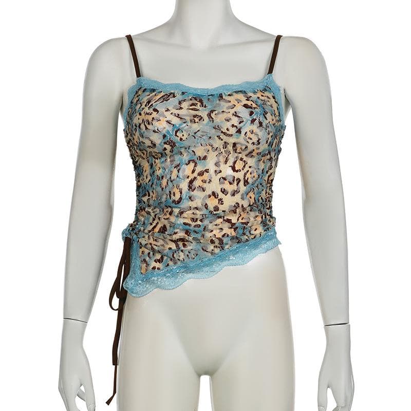 Edgy Blue Leopard Lace Cami Top - Y2K Ruched Spaghetti Strap for Fall Style
