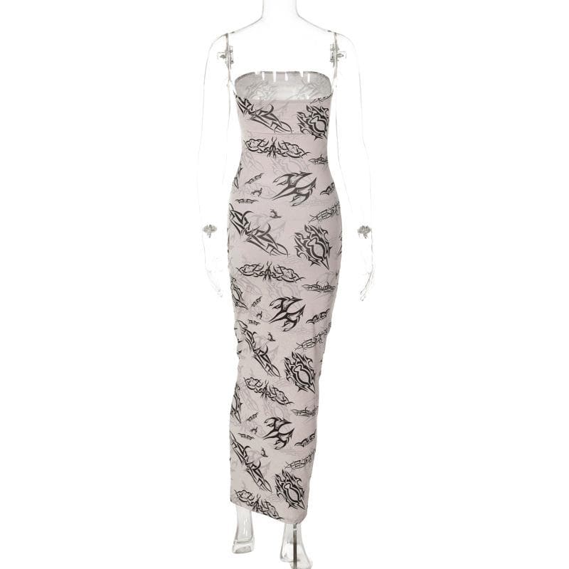 Y2K Tribal Tattoo Print Cut-Out Maxi Skirt & Tube Top Set - Edgy Fall Party & Halloween Glam