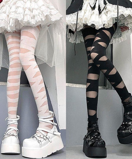 Spooky Chic: Gothic Bandage Cutout Tights – Halloween & Fall Alt Fashion Statement