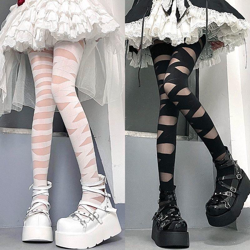 Spooky Chic: Gothic Bandage Cutout Tights – Halloween & Fall Alt Fashion Statement