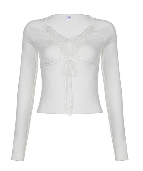 Y2K Chic! Women's Romantic Lace Tie-Front V-Neck Long Sleeve Top - Fall Essential