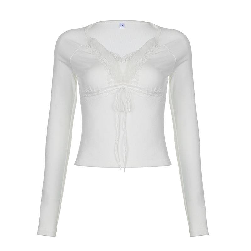Y2K Chic! Women's Romantic Lace Tie-Front V-Neck Long Sleeve Top - Fall Essential