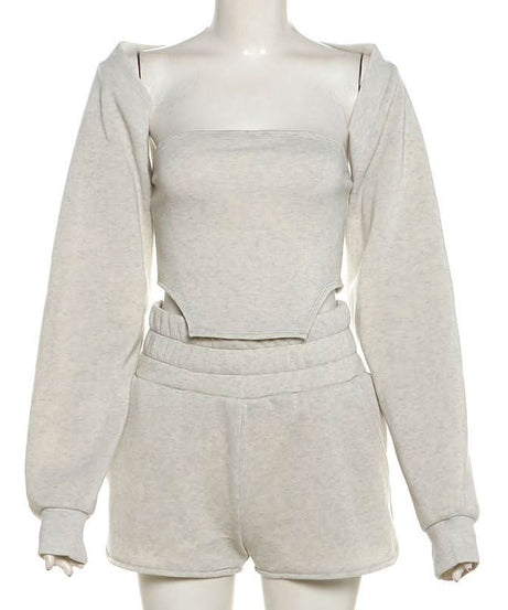 Chic Fall Comfort: Cozy Knit Shrug, Bandeau Top & Shorts Loungewear Set for Women
