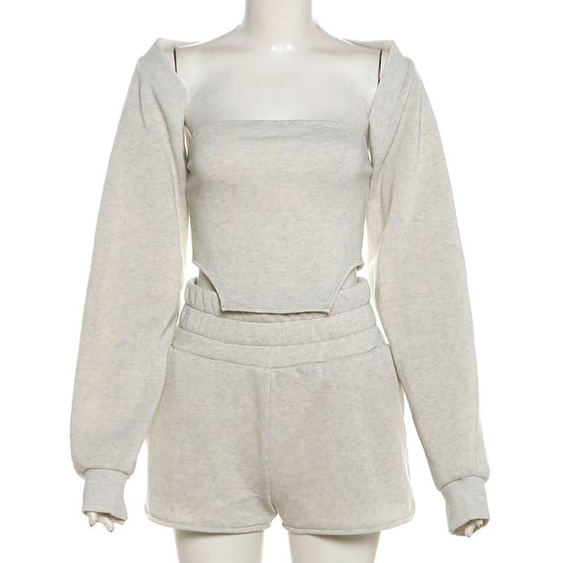 Chic Fall Comfort: Cozy Knit Shrug, Bandeau Top & Shorts Loungewear Set for Women