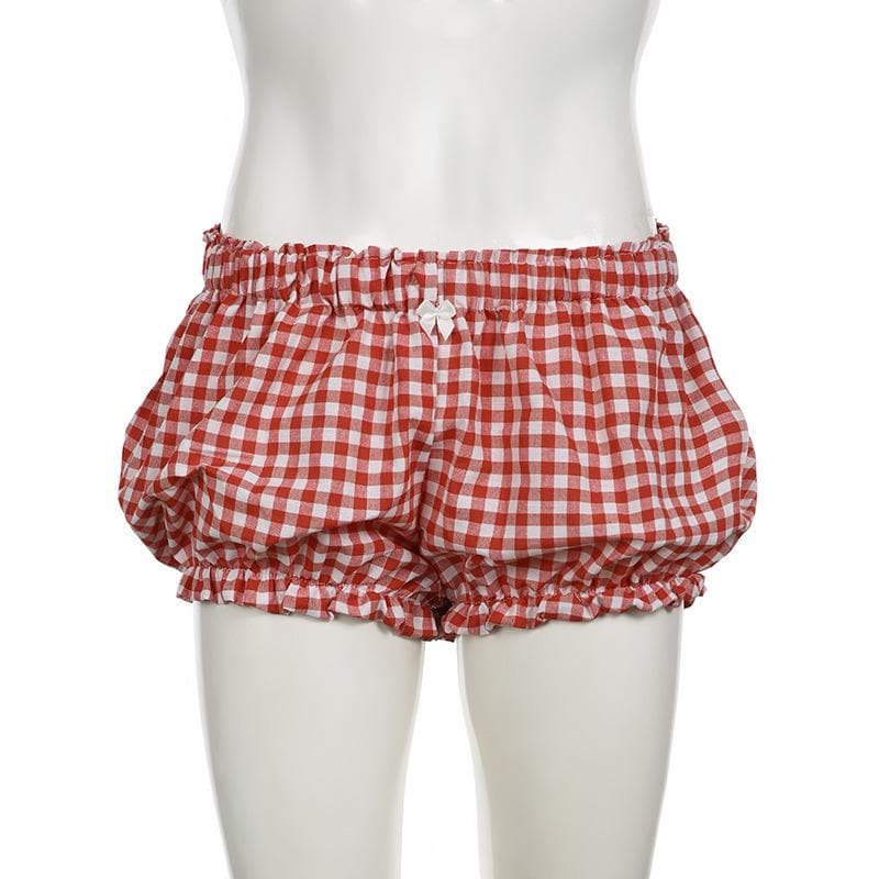 Sweet & Cozy Red Gingham Ruffle Lounge Shorts with Bow - Effortless Fall Comfort