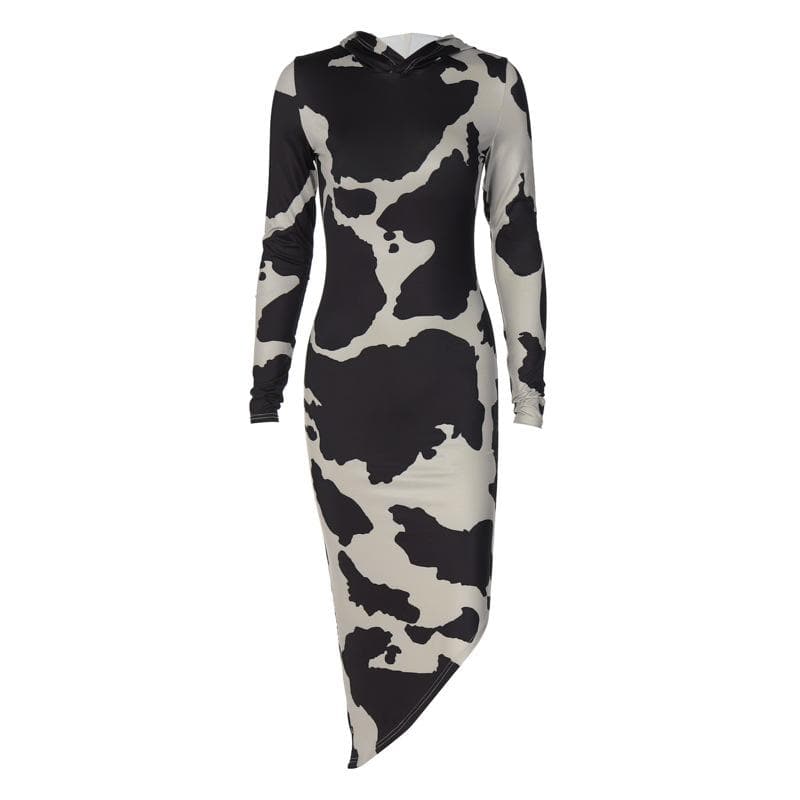 Fall Trend Alert: Cow Print Mock Neck Long Sleeve Bodycon Midi Dress with Asymmetrical Hem