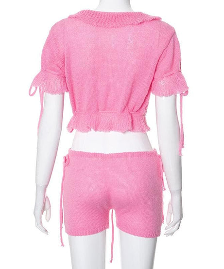 Sweetheart Pink Ruffle Knit Set - Adjustable Crop Top & Shorts | Cozy Fall Chic