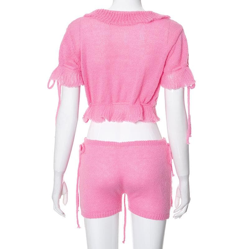Sweetheart Pink Ruffle Knit Set - Adjustable Crop Top & Shorts | Cozy Fall Chic
