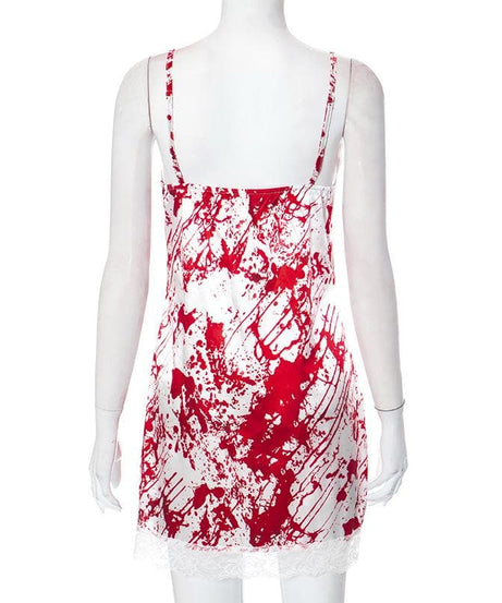 Killer Chic: Women's Blood Splatter Halloween Cami Dress with Lace Trim – Spooky Costume