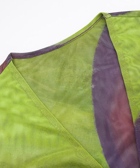 Sultry Plum & Olive Abstract Mesh Mini Dress with O-Ring Cutout | Fall Night Out