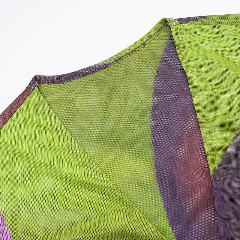 Sultry Plum & Olive Abstract Mesh Mini Dress with O-Ring Cutout | Fall Night Out