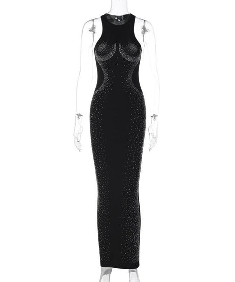 Dazzling Rhinestone Embellished Black Maxi Dress - Holiday Gala & New Year's Eve Glamour