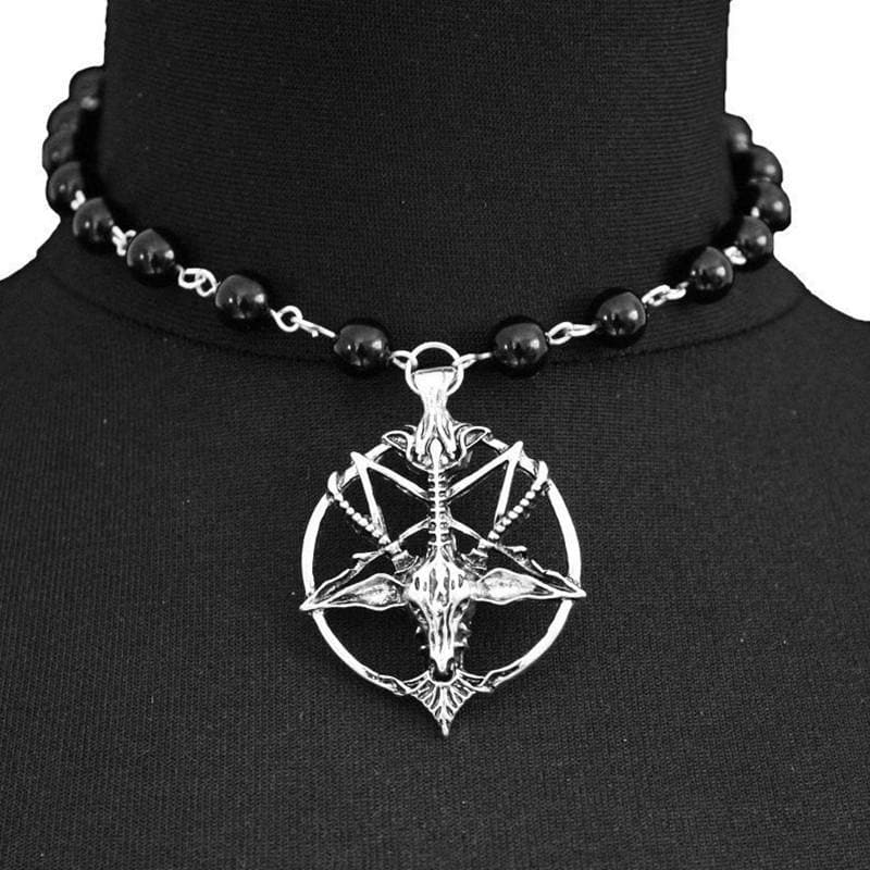 Gothic Baphomet Pentagram Beaded Choker Necklace - Witchy Statement Jewelry for Halloween & Fall