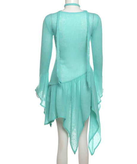 Enchanting Aqua Ruffle Knit Mini Dress - Whimsical Asymmetrical Fall Tunic