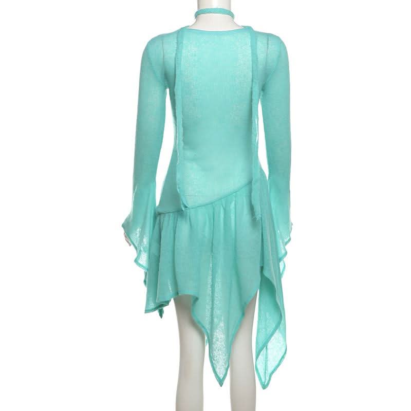 Enchanting Aqua Ruffle Knit Mini Dress - Whimsical Asymmetrical Fall Tunic