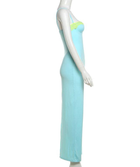 Siren Aqua Bodycon Maxi Dress with Neon Lime Lace Bust – Perfect for Fall Getaways & Glam Events