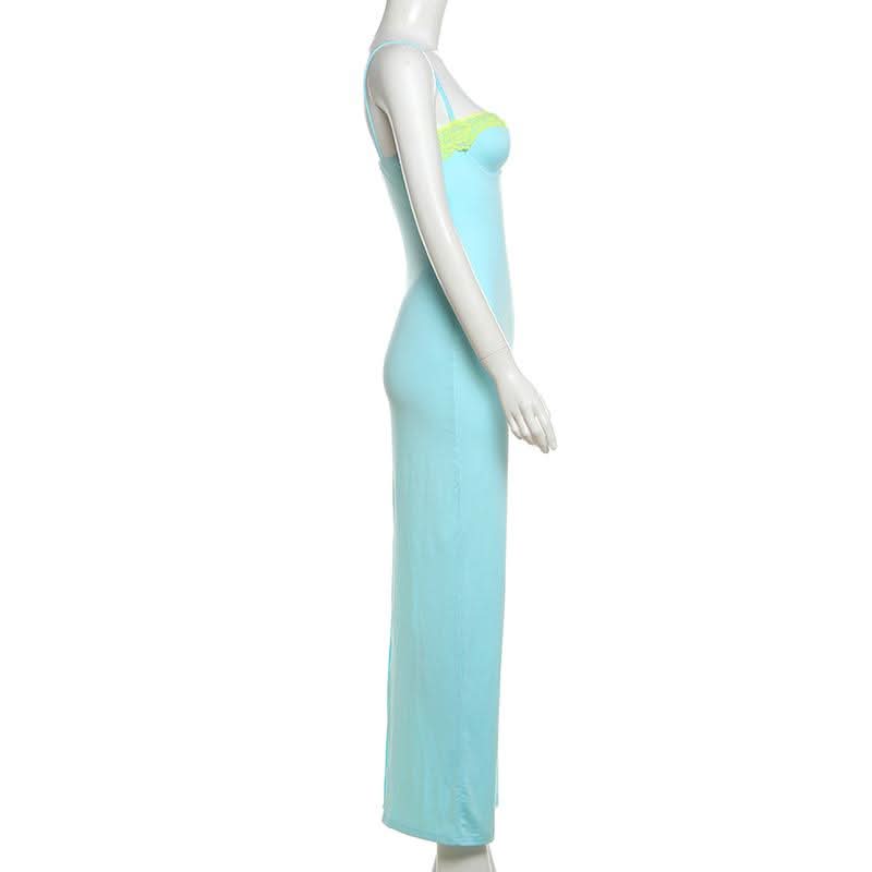 Siren Aqua Bodycon Maxi Dress with Neon Lime Lace Bust – Perfect for Fall Getaways & Glam Events