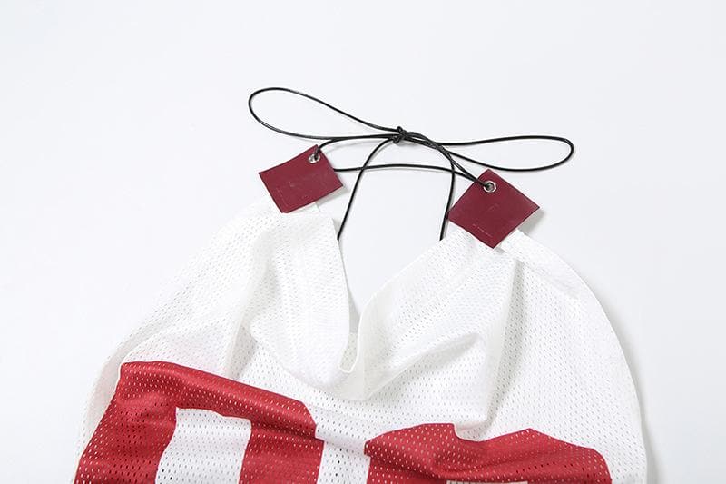 Varsity Vibe '06' Halter Crop Top - Y2K Mesh Cowl Neck for Game Day Style