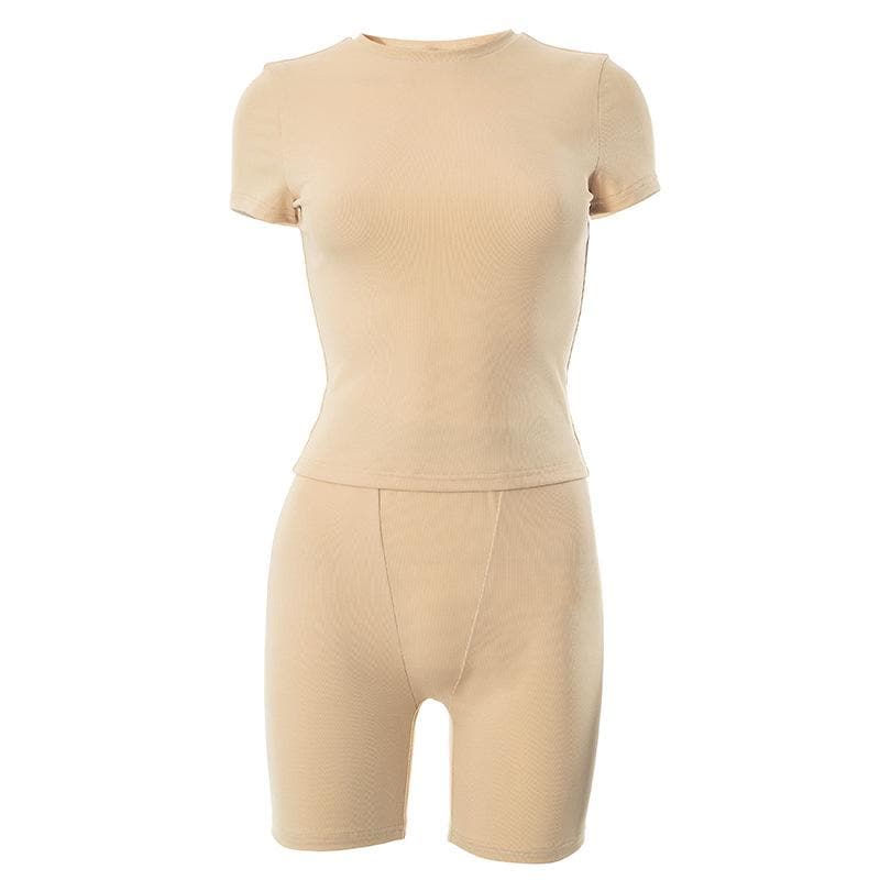 Cozy Fall Vibes: Women's Ribbed Knit Short Sleeve Top & Biker Shorts Set | Nude Athleisure Lounge Wear