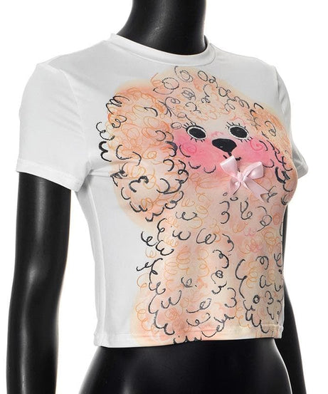 Y2K Adorable Poodle Crop Top with Pink Bow Detail – Cozy & Trendy Fall Fashion Tee
