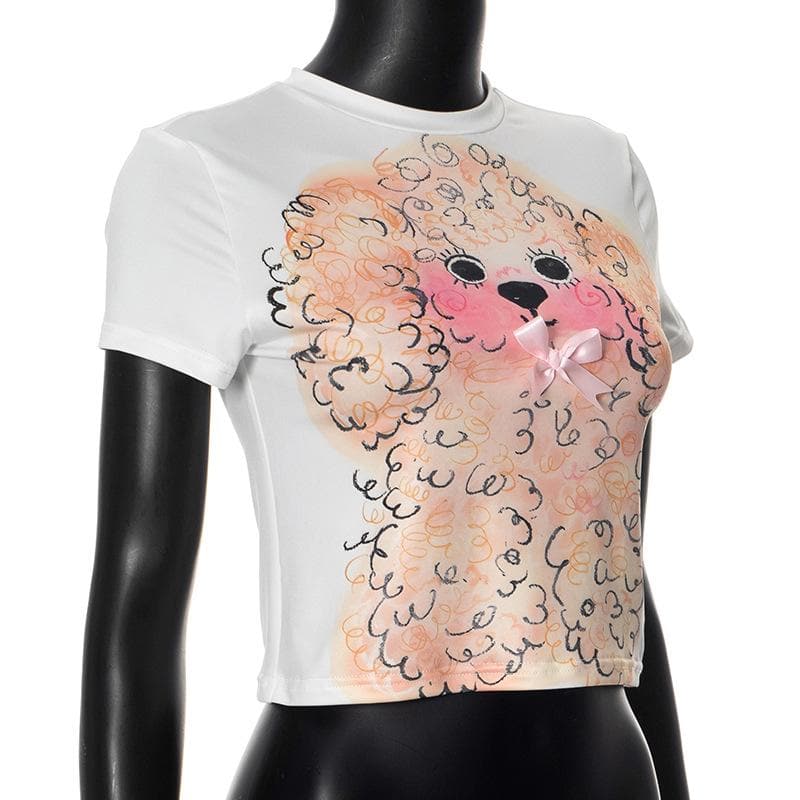 Y2K Adorable Poodle Crop Top with Pink Bow Detail – Cozy & Trendy Fall Fashion Tee