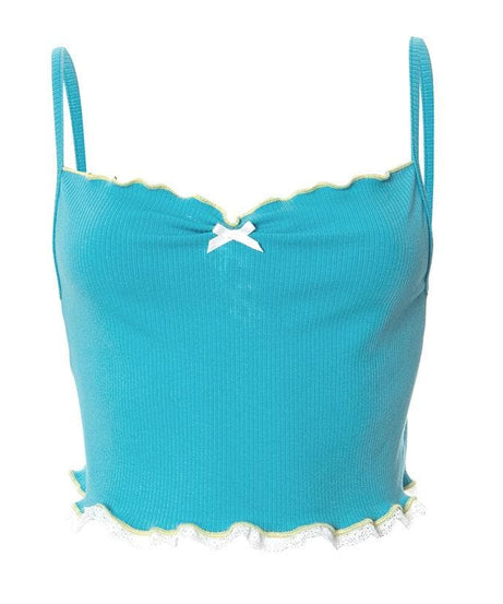 Sweetheart Teal Ribbed Cami Crop Top – Coquette Bow & Lace Ruffle for Fall Layering