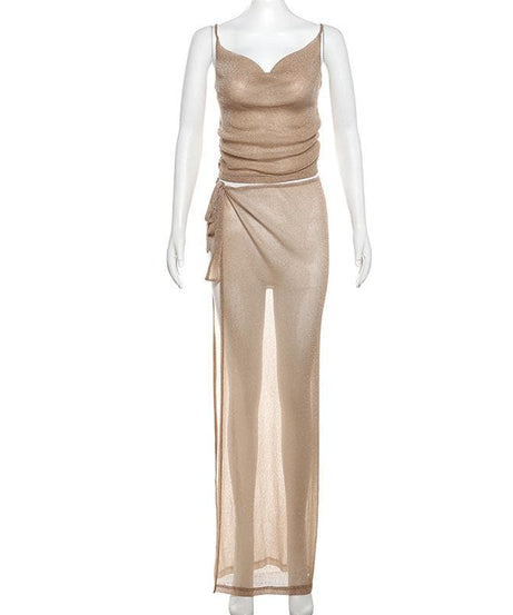 Golden Hour Glam: Shimmer Cowl Neck Crop Top & High Slit Maxi Skirt Set – Perfect for Holiday Parties & Warm Escapes