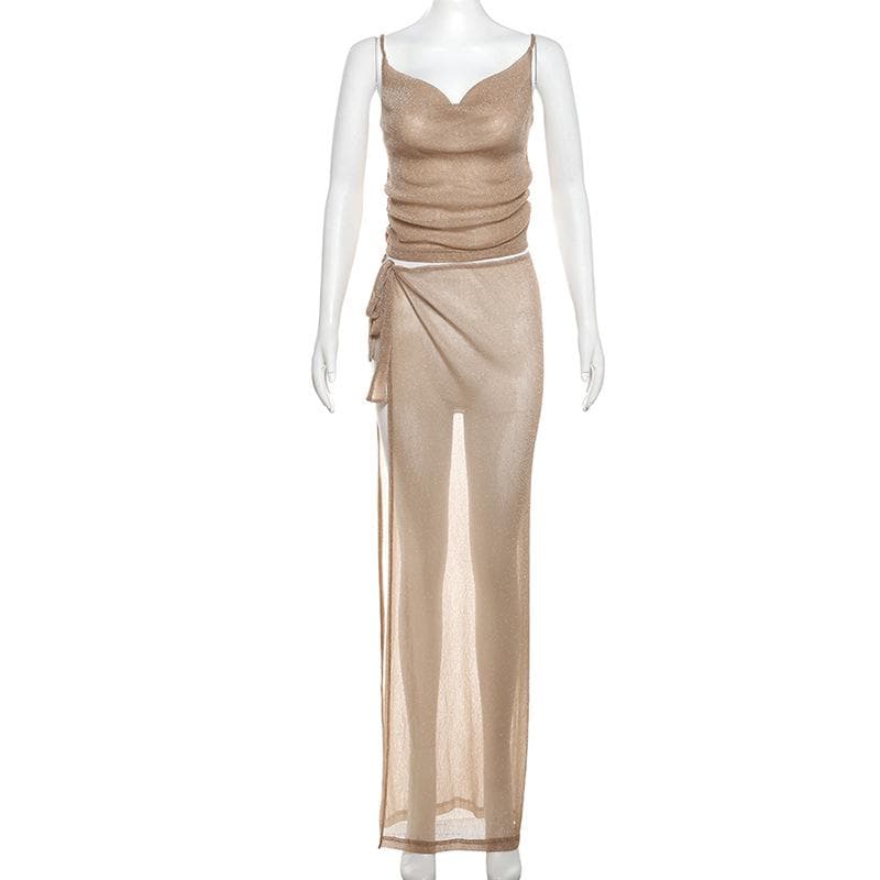 Golden Hour Glam: Shimmer Cowl Neck Crop Top & High Slit Maxi Skirt Set – Perfect for Holiday Parties & Warm Escapes