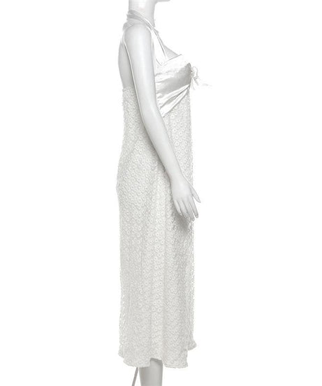 Dreamy White Halter Midi Dress with Satin Bow & Textured Floral – Your Vacation & Spring/Summer Escape