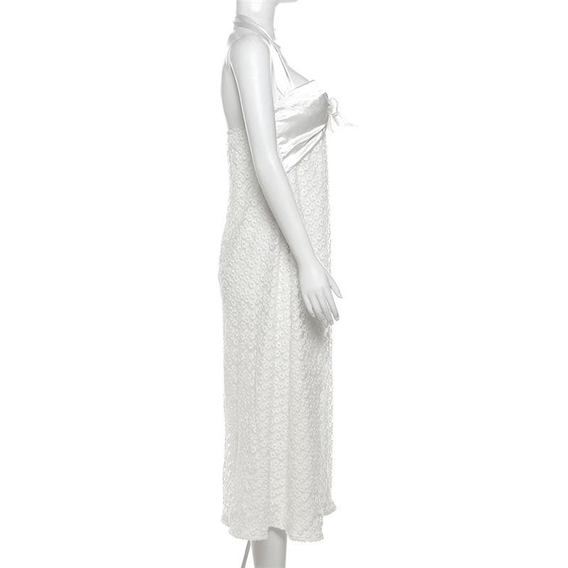 Dreamy White Halter Midi Dress with Satin Bow & Textured Floral – Your Vacation & Spring/Summer Escape