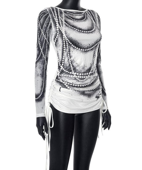 Dazzling Pearl Illusion Mesh Long Sleeve Top - Chic Drawstring Style for Fall & Holiday