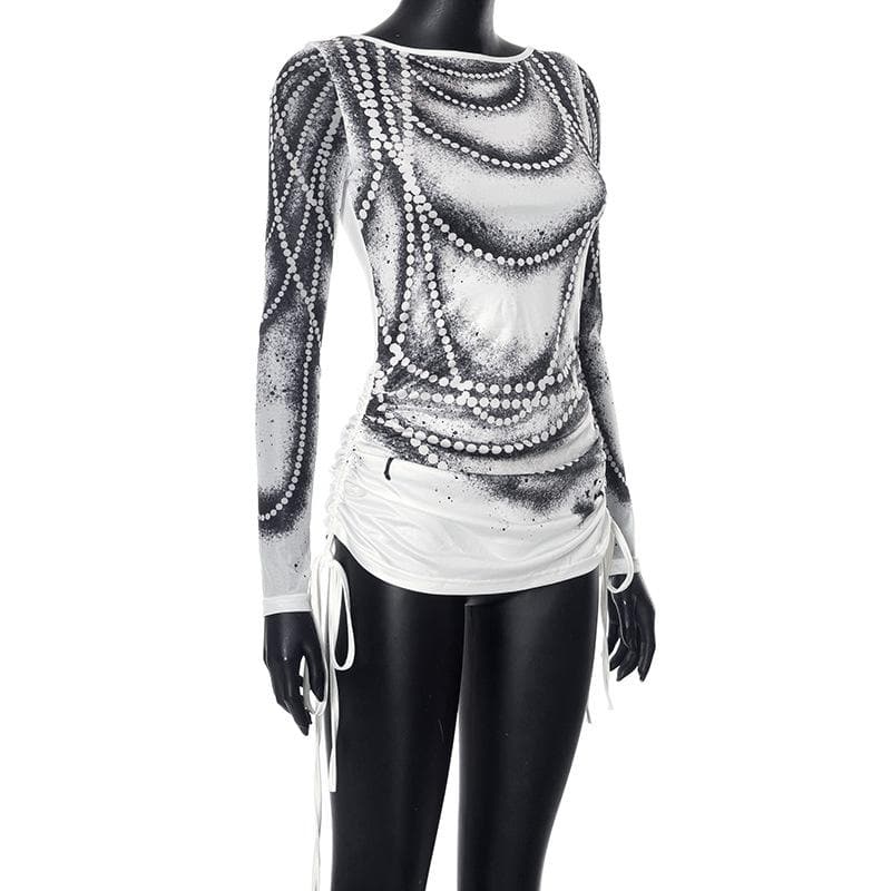 Dazzling Pearl Illusion Mesh Long Sleeve Top - Chic Drawstring Style for Fall & Holiday