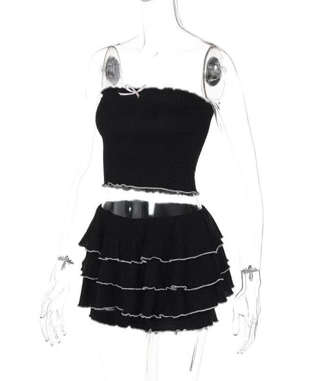 Coquette Chic Black Ruffle Mini Set - Bowknot Tube Top & Tiered Shorts for Fall Parties