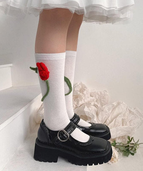 Charming Crochet Rose Black Knee-High Socks - Whimsical Fall & Holiday Style