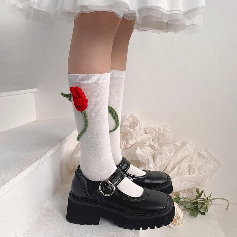 Charming Crochet Rose Black Knee-High Socks - Whimsical Fall & Holiday Style