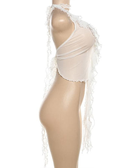 Y2K Inspired Sheer Ruffle Halter Crop Top - Flirty V-Neck Mesh Top for Fall Nights & Vacations