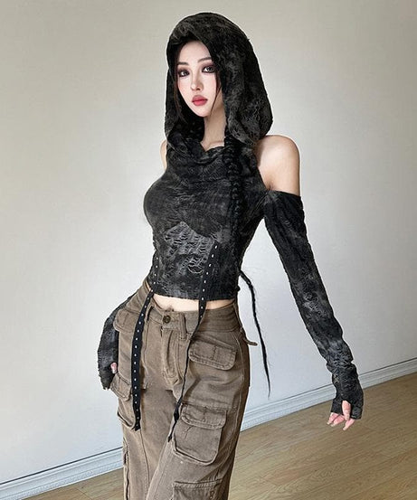 Mystique Velvet Cold Shoulder Cropped Hoodie | Edgy Studded Gothcore Top for Fall & Halloween
