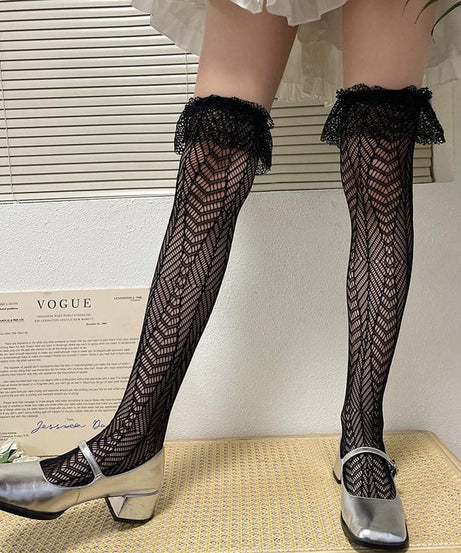 Chic Black Lace Ruffle Thigh High Stockings - Perfect for Fall, Halloween & Holiday Glam