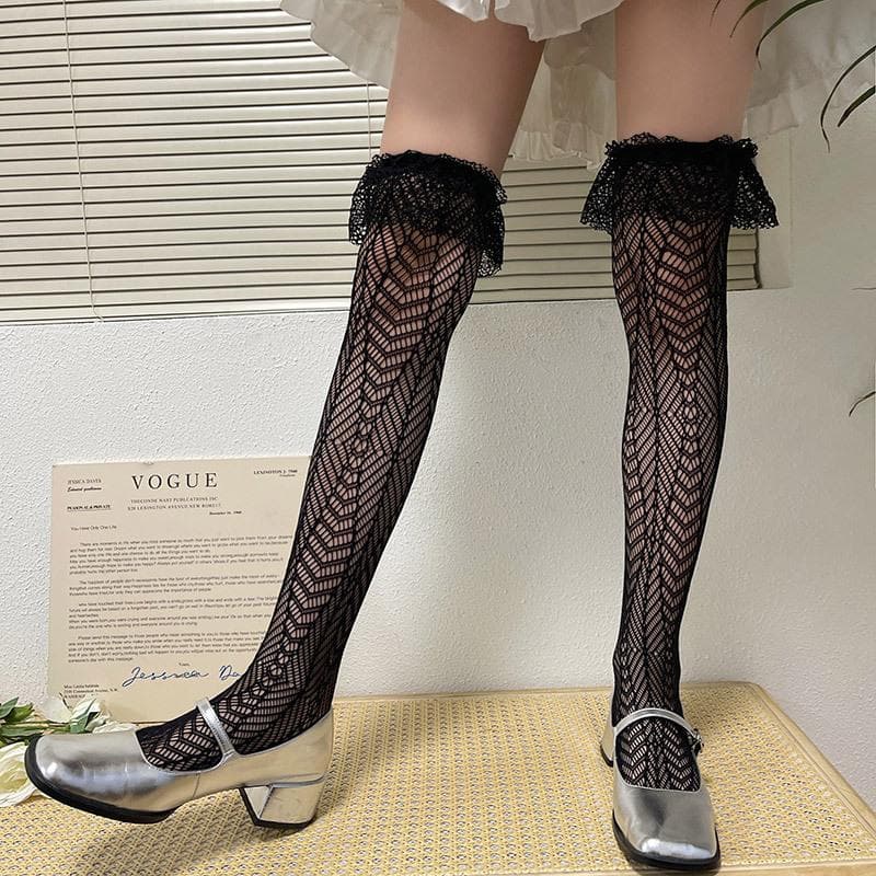 Chic Black Lace Ruffle Thigh High Stockings - Perfect for Fall, Halloween & Holiday Glam