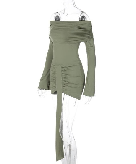 Trendy Fall Nights: Ruched Off-Shoulder Crop Top & Asymmetrical Mini Skirt Set